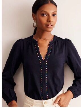 Boden navy V-Neck Blouse with Multicolor Bead Trim